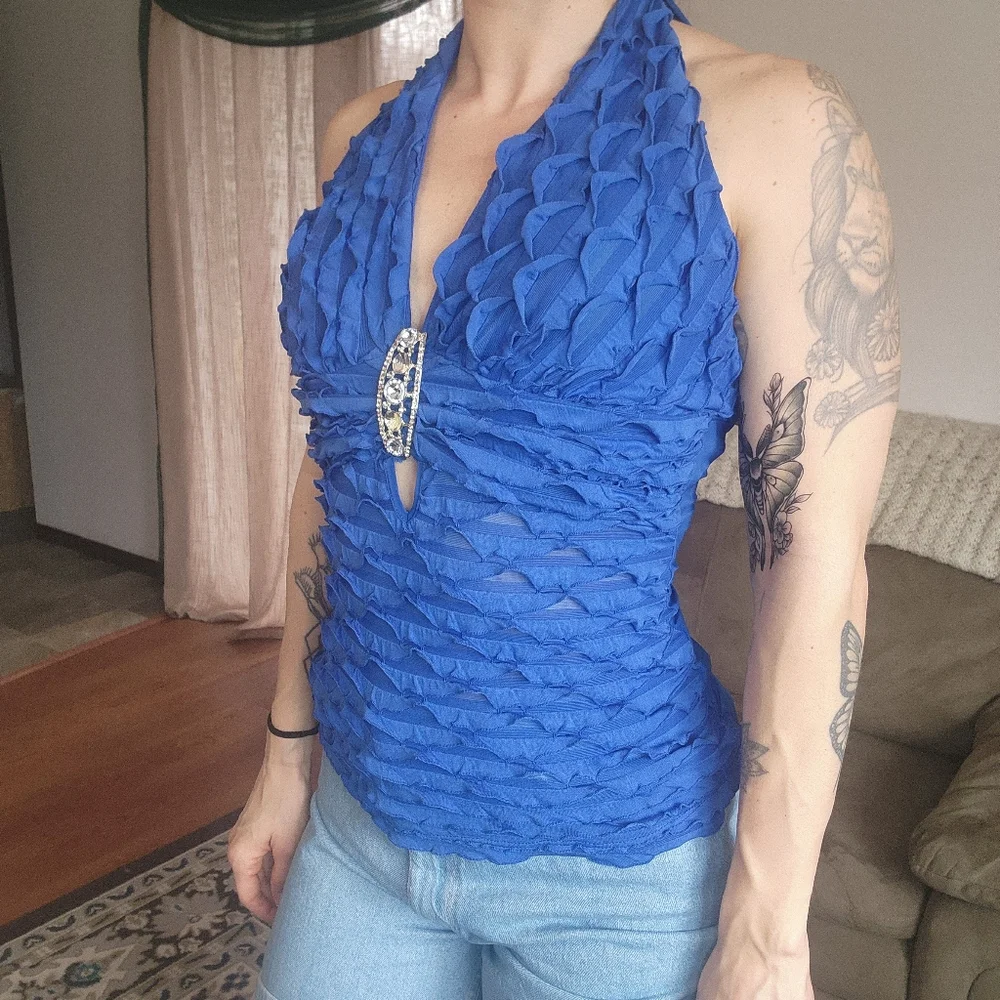 Body C Blue Ruffle Halter Top With Brooch Detail Size Medium - Picture 5 of 8